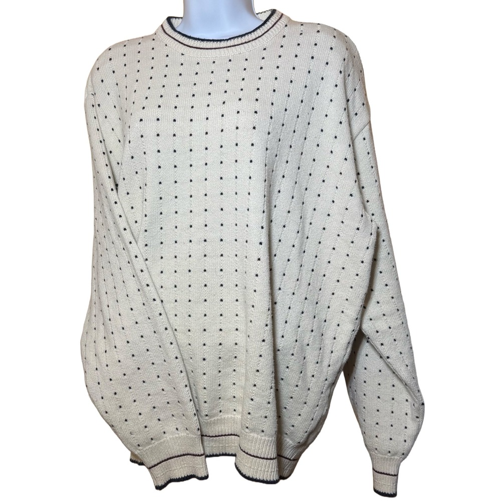 VTG 90s Lee Sport Birdseye Knit Grandpa Sweater Cream Navy Trim Men's Sz L